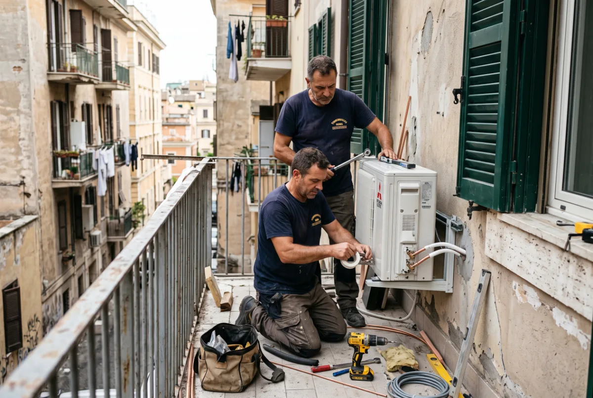 Due tecnici installano l'unità esterna di una pompa di calore su un balcone a Roma