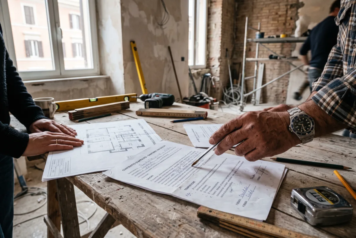 Contratto di appalto e planimetria dell'appartamento appoggiati su un tavolo da lavoro in un cantiere di ristrutturazione a Roma