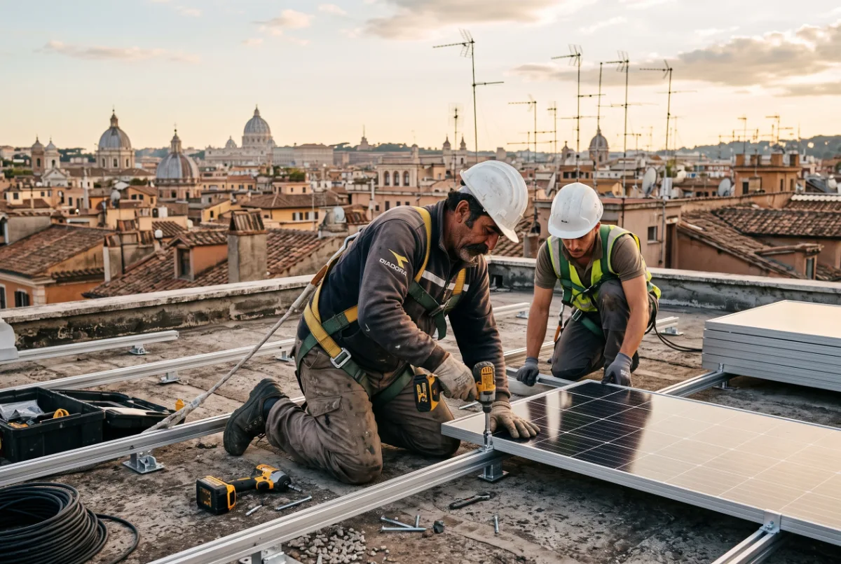 Installatori montano pannelli fotovoltaici sul terrazzo di un condominio a Roma