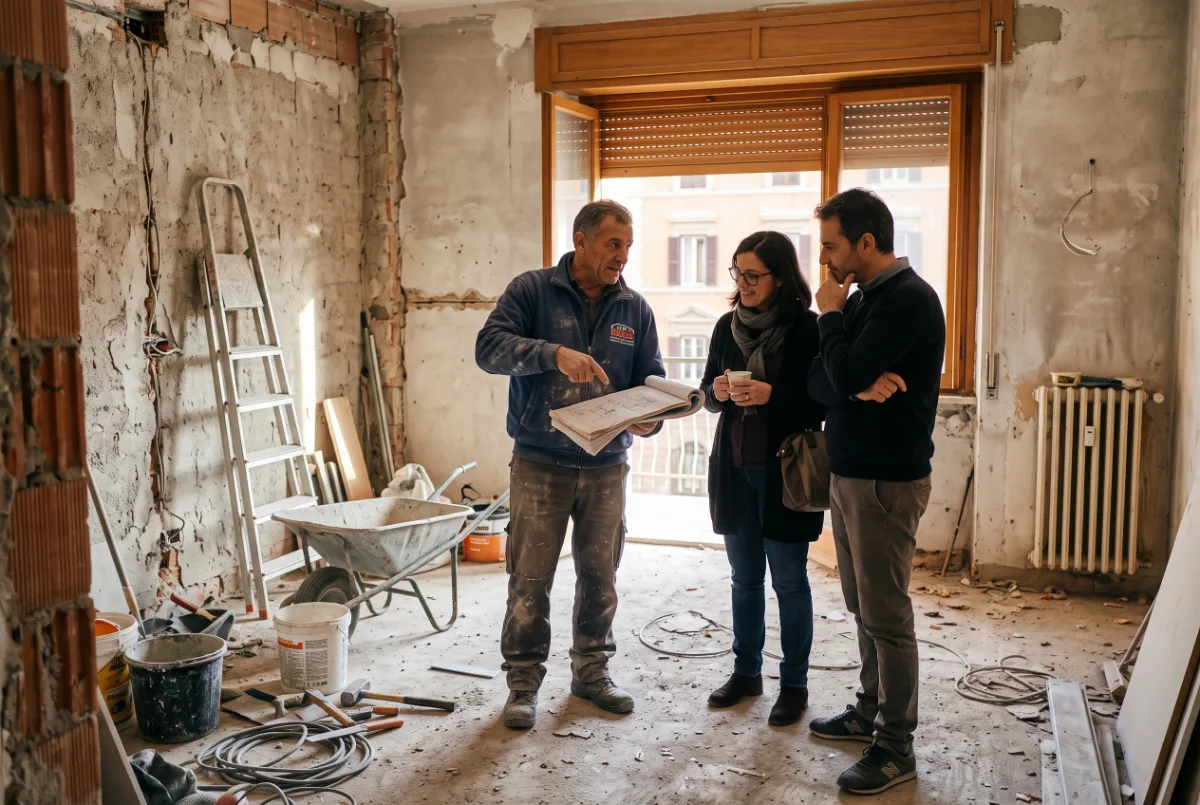 Capocantiere che spiega il preventivo di ristrutturazione a due proprietari in un appartamento romano