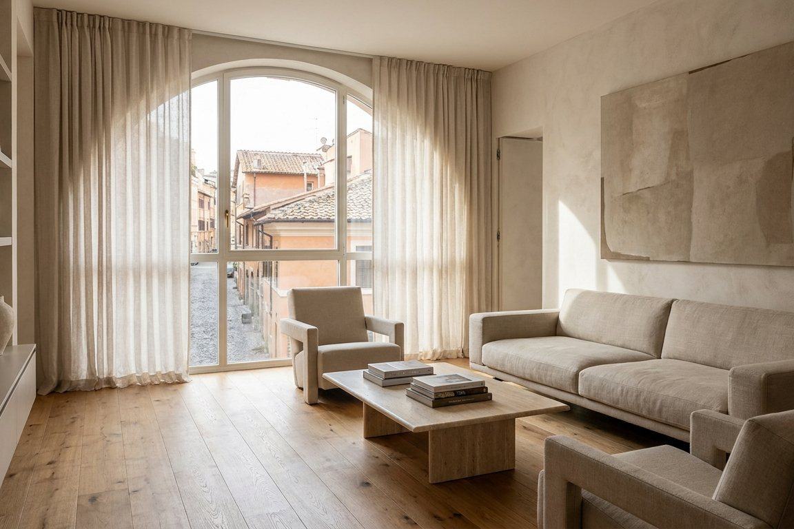 Soggiorno di un appartamento ristrutturato a Roma, con finestra ad arco affacciata sui tetti del centro storico