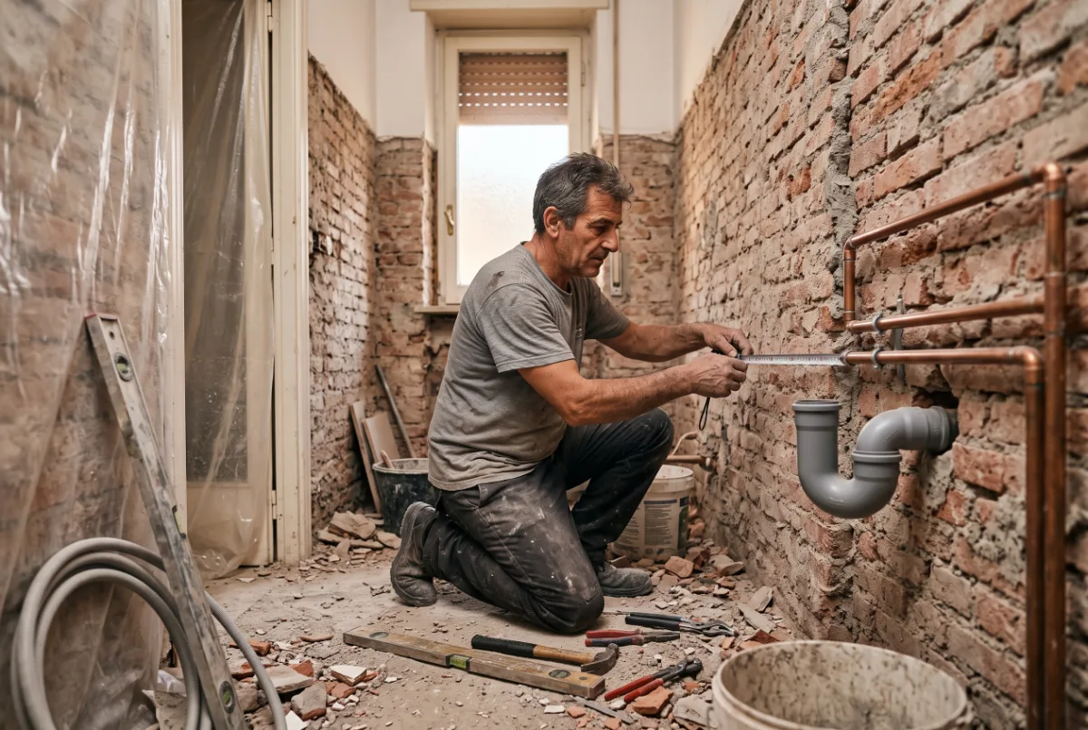 Idraulico al lavoro sugli impianti di un bagno in ristrutturazione a Roma