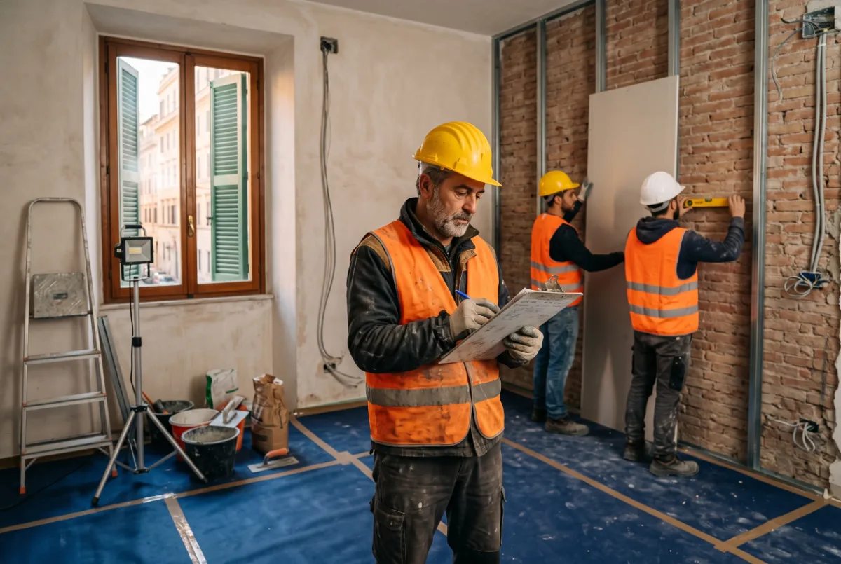 Capocantiere e operai al lavoro in un appartamento romano in ristrutturazione